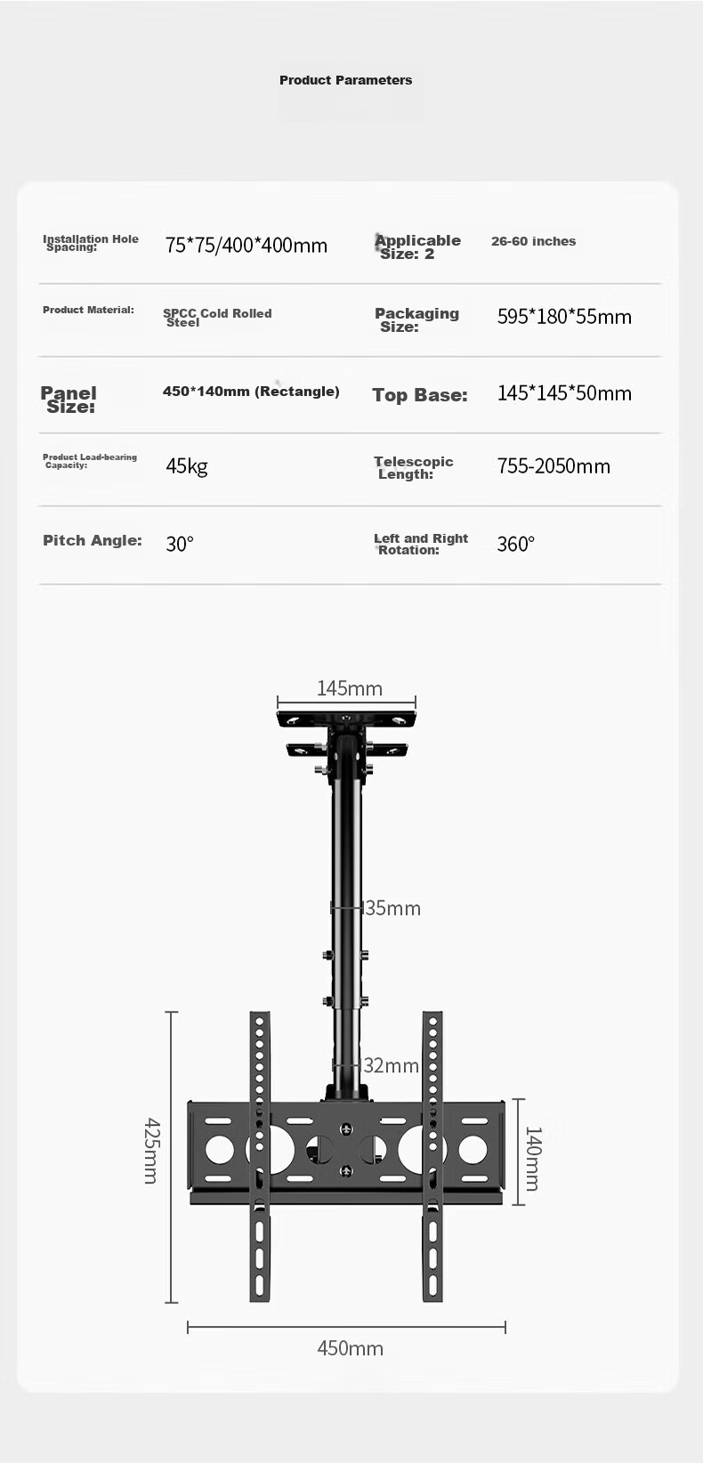 Jiangwutong TV Mount Bracket [26-60 Inches], Ceiling Hanging Bracket, 360-Degree Rotating Display Hanging Rod, LCD TV Suspension Bracket 12
