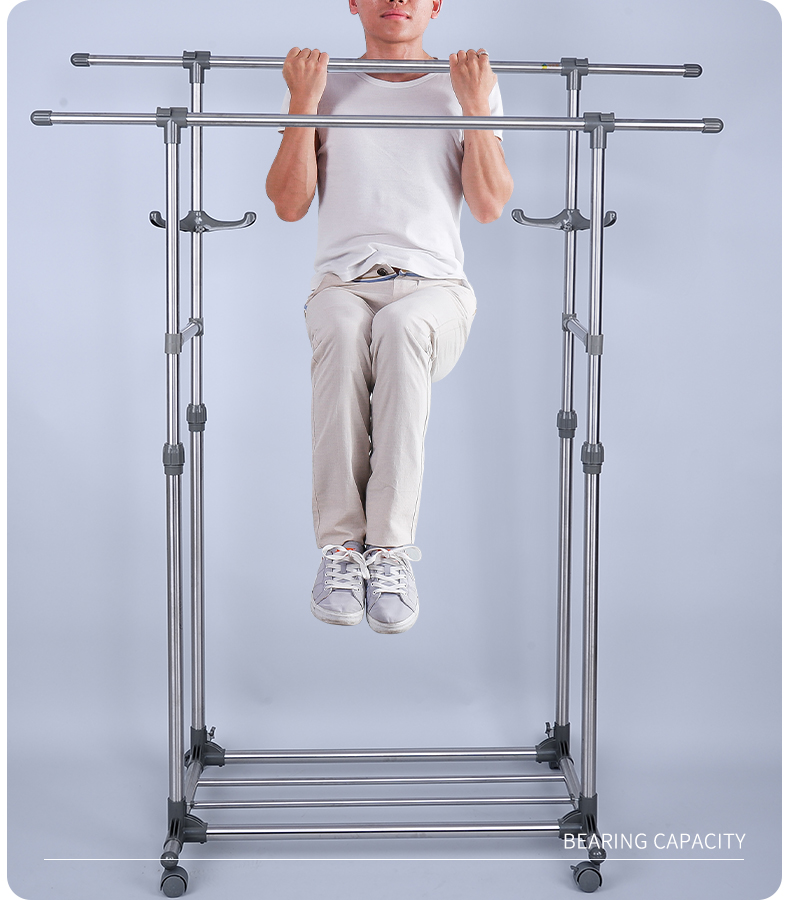 Baoyouni Clothes Drying Rack, Floor-Standing Indoor Roller Movable Hanger, Double-Pole Extendable Clothes Drying Rack, Balcony Drying Rack 8