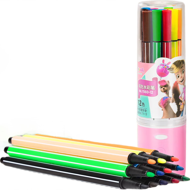 Deli 12-Color Hexagonal Fine-Tip Watercolor Markers (Pink), Washable Children's Art Brushes, Student Drawing Supplies, Art Set 7060-12 Watercolor Markers, Graduation Gift for Boys And Girls