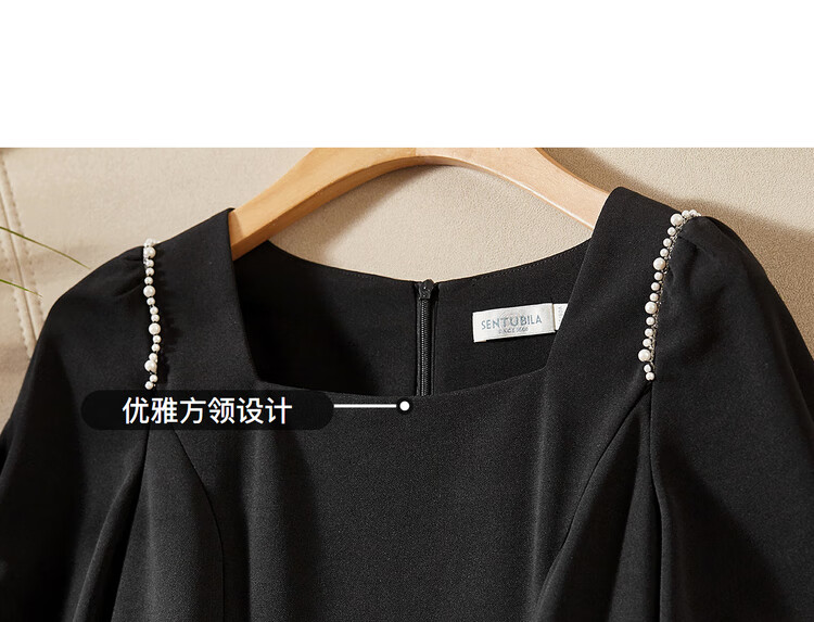 Sentubila Short-Sleeve Dress for Women, Summer Fashion Commuter Mid-Length A-Line Dress with Beaded Waist, Slimming Effect, Black, M 17