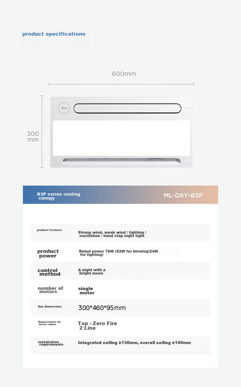 Midea Kitchen Cooling Fan with Integrated Lighting, Bathroom Ceiling-Mounted Cooling Fan, Remote-Controlled Air Conditioner B3P 14