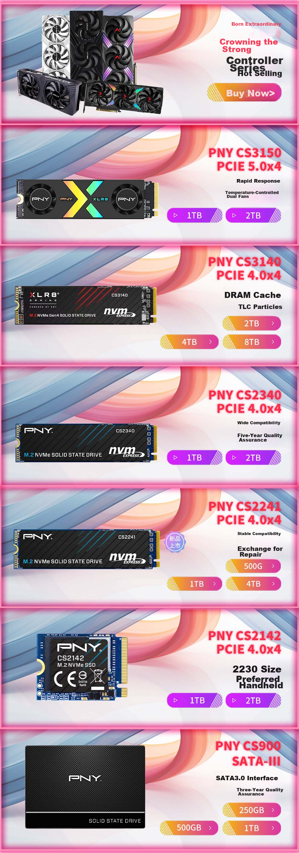 PNY CS2241 Series, 1TB SSD Solid State Drive, NVMe M.2 Interface, PCIe 4.0 X 4 1
