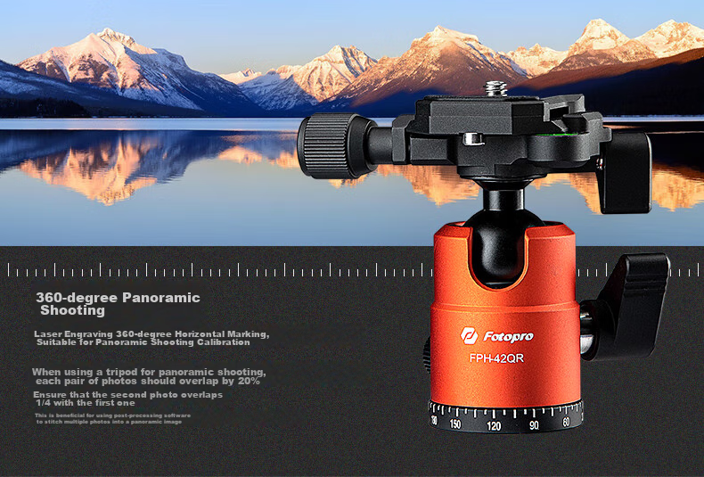 Fotopro 42QR, 3/8 Screw Hole, Dual Panoramic 360-Degree Rotation Camera Tripod Head, Compatible with Leica Cameras, Matte Gray Color 3