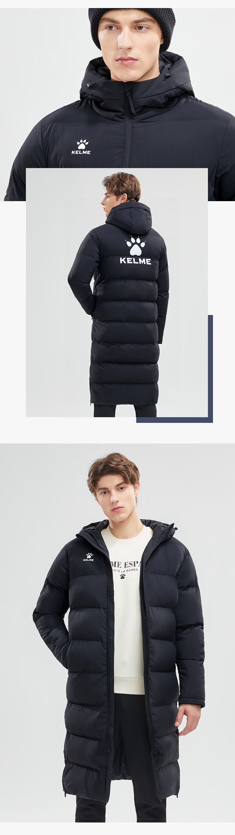KELME Long Hooded Cotton Jacket for Men, Winter Over-Knee Warm Life Training Coat Windbreaker, Black, M 4