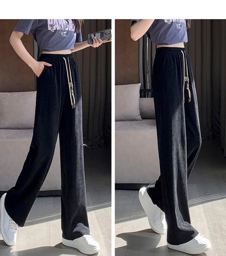 Dme [Cotton Velvet Wide-Leg Casual Pants], Autumn Mid-Rise Elastic Waist Trousers, Loose Women's Pants, Black, M 10