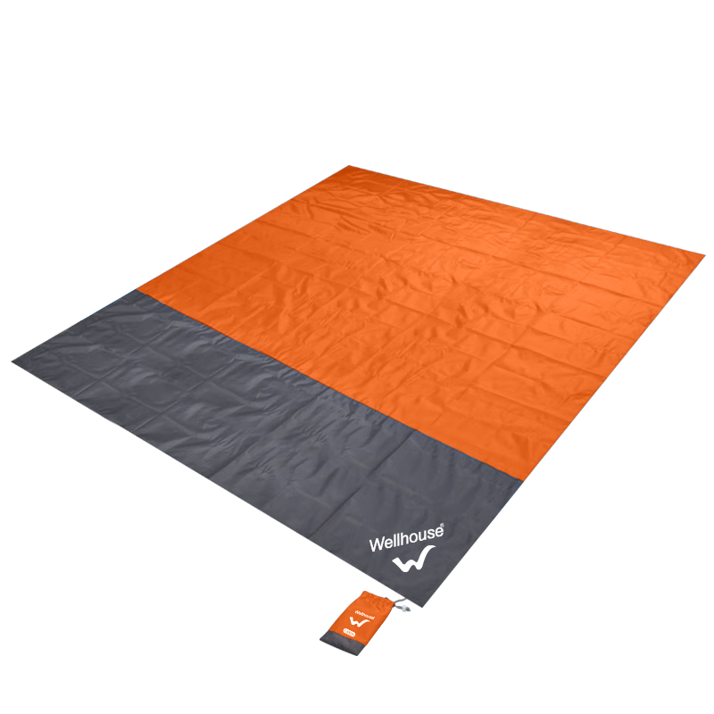 WELLHOUSE Beach Grass Outdoor Picnic Mat, Foldable Storage Bag with Ground Stakes, Moisture-Proof Mat, Orange-Gray Color, 2.1*2m, Floor Sleeping Mat