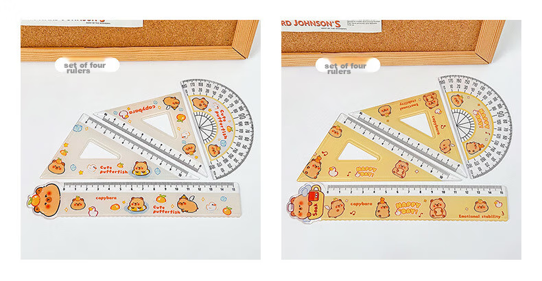 Touch Fish Student Ruler Set, Capybara Ruler Set, Cute Water Deer Ruler Set, Stationery Student High-Quality 15cm Scale Ruler, Back-To Four-Piece Set, Yellow Water Deer 2