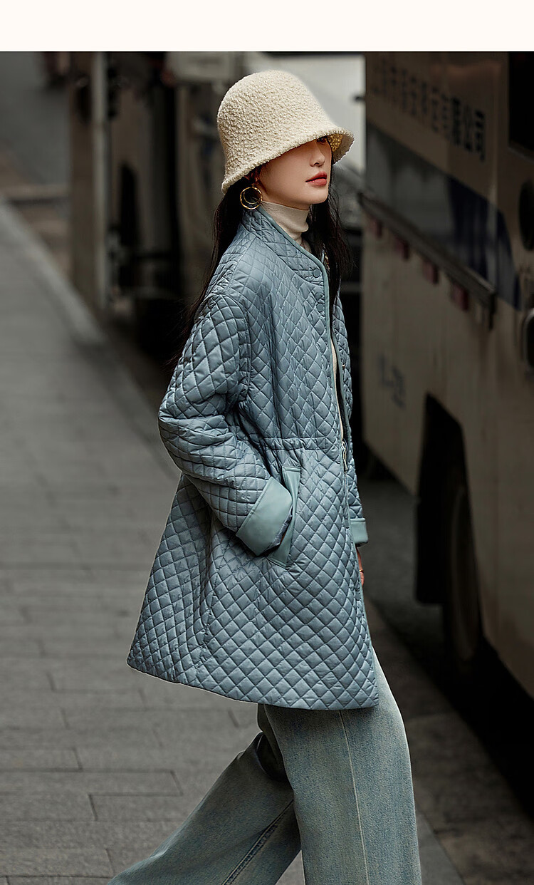 Dme [Quilted Diamond-Patterned Cotton Coat] Winter Stand-Collar Loose Drop-Shoulder Anti-Chafe Padded Jacket for Women, Mid-Length Style, Black, Size M 21