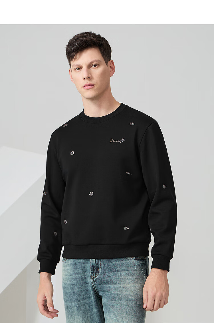 Dancing with Wolves [Fleece Lined Warmth] Autumn Winter Embroidered Round Neck Thickened Men's Sweatshirt 001 Black 175 12