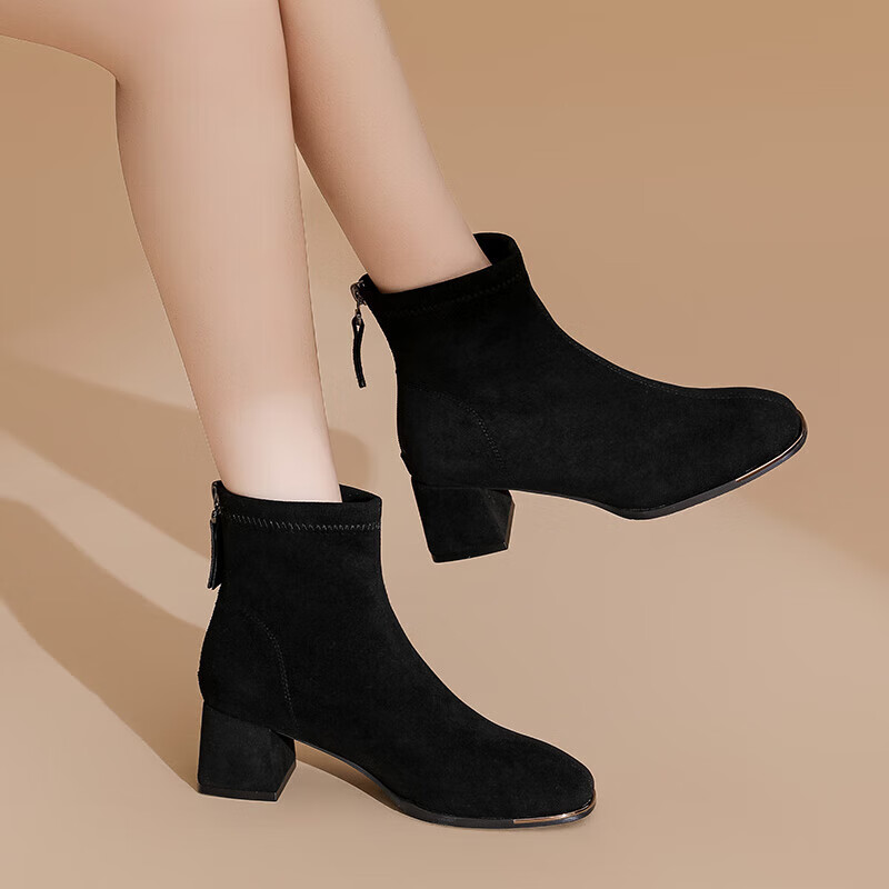 DAPHNE Women's Ankle Boots, Autumn French High Heel Slim Boots, Black Retro Suede Boots, Black, Size 35