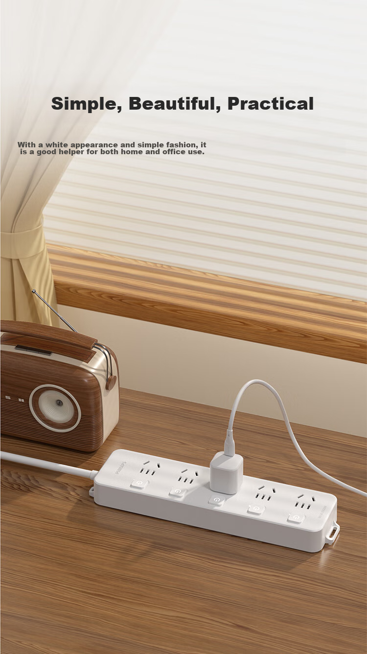 PHILIPS 5-Outlet Independent Switch, 2.8 Meters, Large Hole Spacing, Power Strip/cord Organizer/extension Cord Holder 10