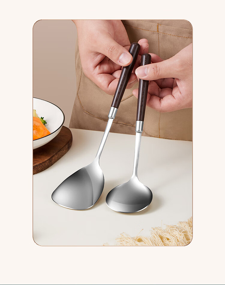 BJ Stainless Steel Spatula, Cooking Spatula, Small Soup Ladle, Small Pot Spatula, Wood-Handle Heat-Resistant Baby Food Tools, 2-Piece Set 3