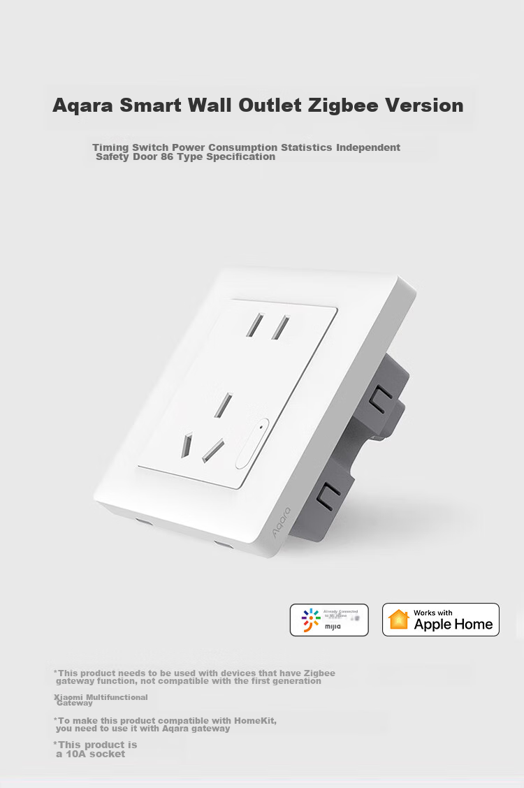 Aqara Smart Socket Wall Outlet, 10A Five-Hole with Switch, Integrated with Mijia APP/iPhone HomeKit 3