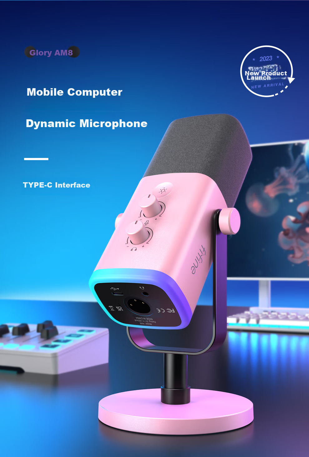 FIFINE Dynamic Noise-Cancelling USB Computer Microphone for Desktop Streamers, Live Streaming, Gaming, Recording, Karaoke, Video Use, with External Sound Card Support, Desktop RGB Microphone, Wired Microphone AM8 Black 3