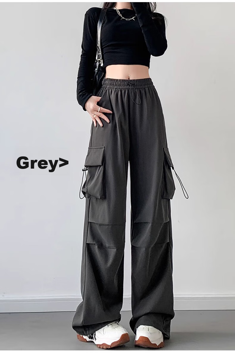 LangSha American-Style Parachute Cargo Pants for Women, Summer Ice Silk High-Waist Wide-Leg Loose Casual Quick-Dry Outdoor Sports Pants 24