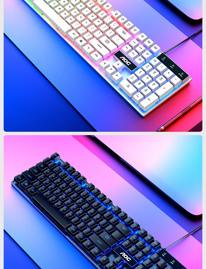 AOC KM410 True Mechanical Feel Wired 104-Key Keyboard and Mouse Combo Gaming Office Computer Set White Ice Blue Backlight 7