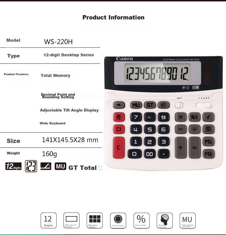Canon WS-220H Calculator, 12-Digit Display, White, Dual Power Supply, High Precision, for Student Exams And Office Use, Adjustable Screen, Business Portable 3