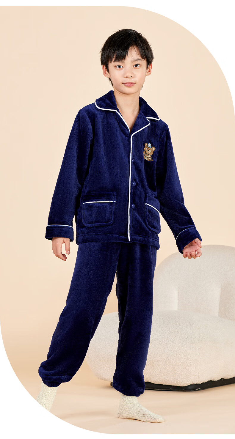 LangSha Children's Pajamas, Boys' Autumn And Winter Round Neck Fleece-Lined Thickened Double-Sided Flannel, Girls' Home Wear, Warm Set, Size 150 20