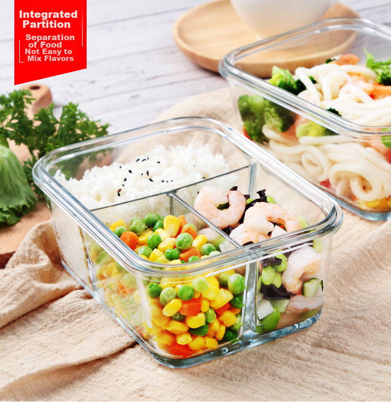 Chuangde Heat-Resistant Glass Food Storage Container, Microwave-Safe Lunch Box, Refrigerator Organizer Bento Bowl Meal Container, Heightened 3-Compartment 1020ml 5