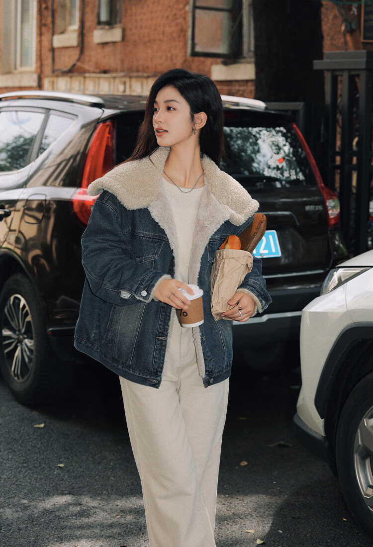 DME Fashion Vintage Large Lapel Winter Denim Composite Faux Lamb Wool Jacket for Women Dark Denim Blue S 3
