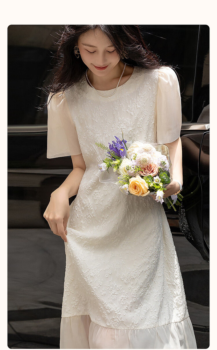 Dme [Open Lady's Daily Wear] Summer Round Neck Elegant Jacquard Patchwork Puff Sleeve Straight Bodycon Dress 3