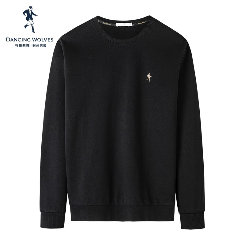DANCING WOLVES [Kamn Soft] Simple Embroidery Versatile Casual Pullover Long-Sleeve Men's Sweatshirt, 001 Black, Size 165