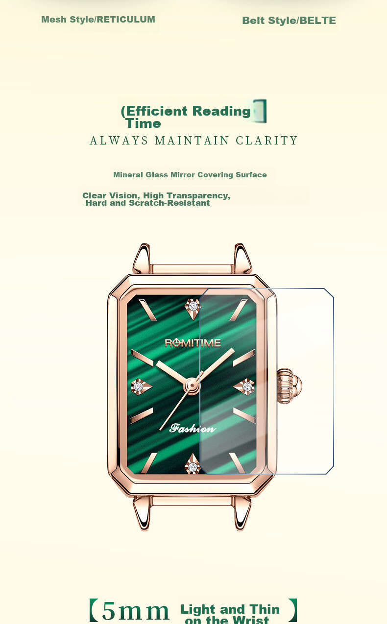 ROMITIME Women's Quartz Watch, Fashionable Elegant Light Luxury Retro Small Green Square Watch, Versatile Student Trendy Wristwatch 6