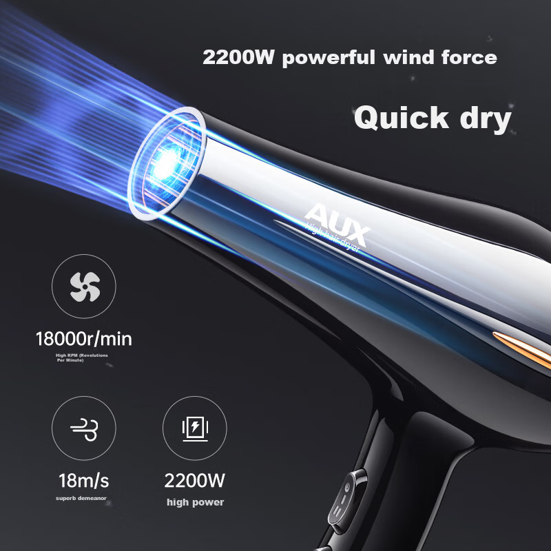 AUX Hair Dryer, Home Use, Blue Light Negative Ion, High Power, 2200W, Strong Airflow, Quick-Drying, Professional Salon Use, Hair Dryer for Barbershop