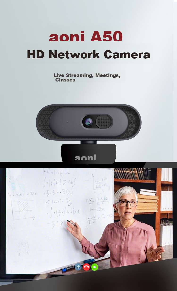 Aoni Computer Webcam, 2K Ultra HD, Auto Focus, with Microphone, for Desktop And Laptop External Use, Home Online Classes, Video Conferences, Live Streaming, Product Promotion, Plug-And A50 1