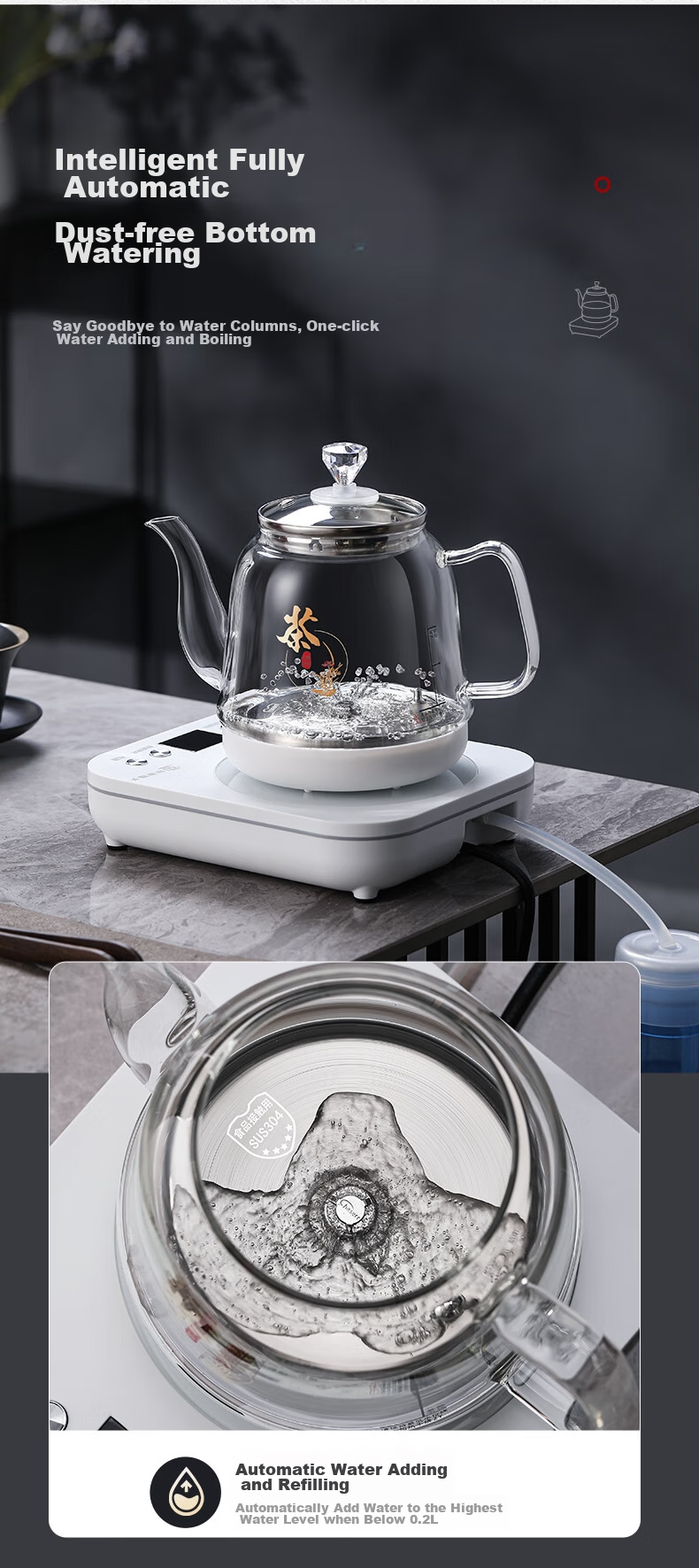 FUNORK Fully Automatic Electric Kettle with Water Pump, Glass Water Boiler for Tea Table, Integrated Tea Table And Coffee Table, Heat Preservation Tea Brewing Set, Electric Tea Stove RY-D2 White 1L 8