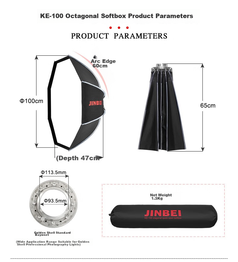 JINBEI JINBEI KE100 Quick-Install Octagonal Softbox, Portable Easy-To Studio Equipment, Light Modding Accessory, KE-100 Quick-Install Octagonal [Single Softbox] 2