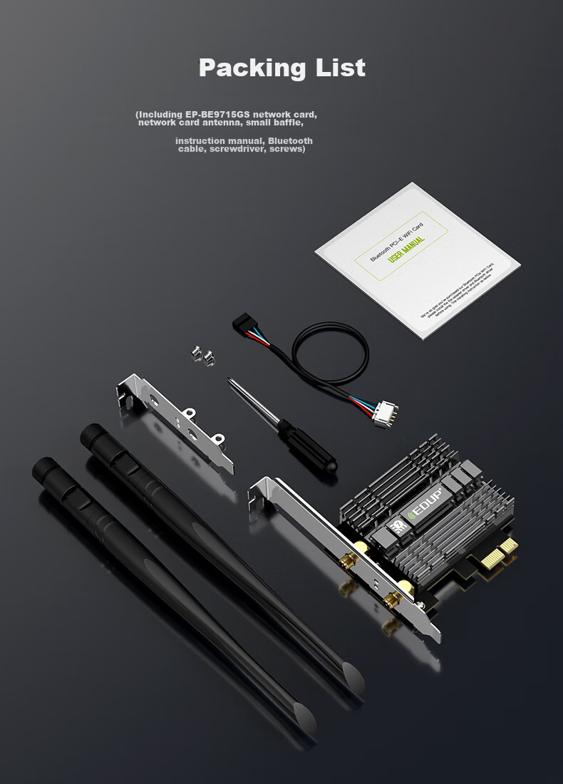 EDUP WiFi7 Wireless Network Card Self-Operated BE200 Tri-Band 8774M Desktop Computer Internal PCIE Bluetooth 5.4 Wireless Receiver Transmitter BE9715GS 15