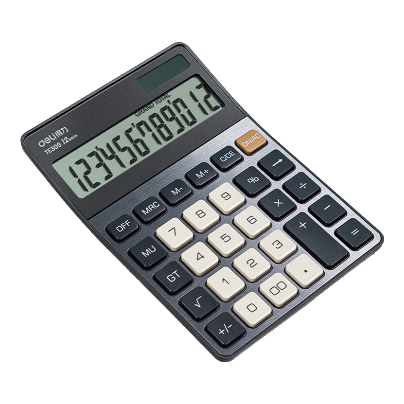 Deli Metal Panel Desktop Calculator, Dual Power Supply, Slim And Lightweight Body, Modern Office Style, 12-Digit Large Screen Display, TE309 Dark Gray