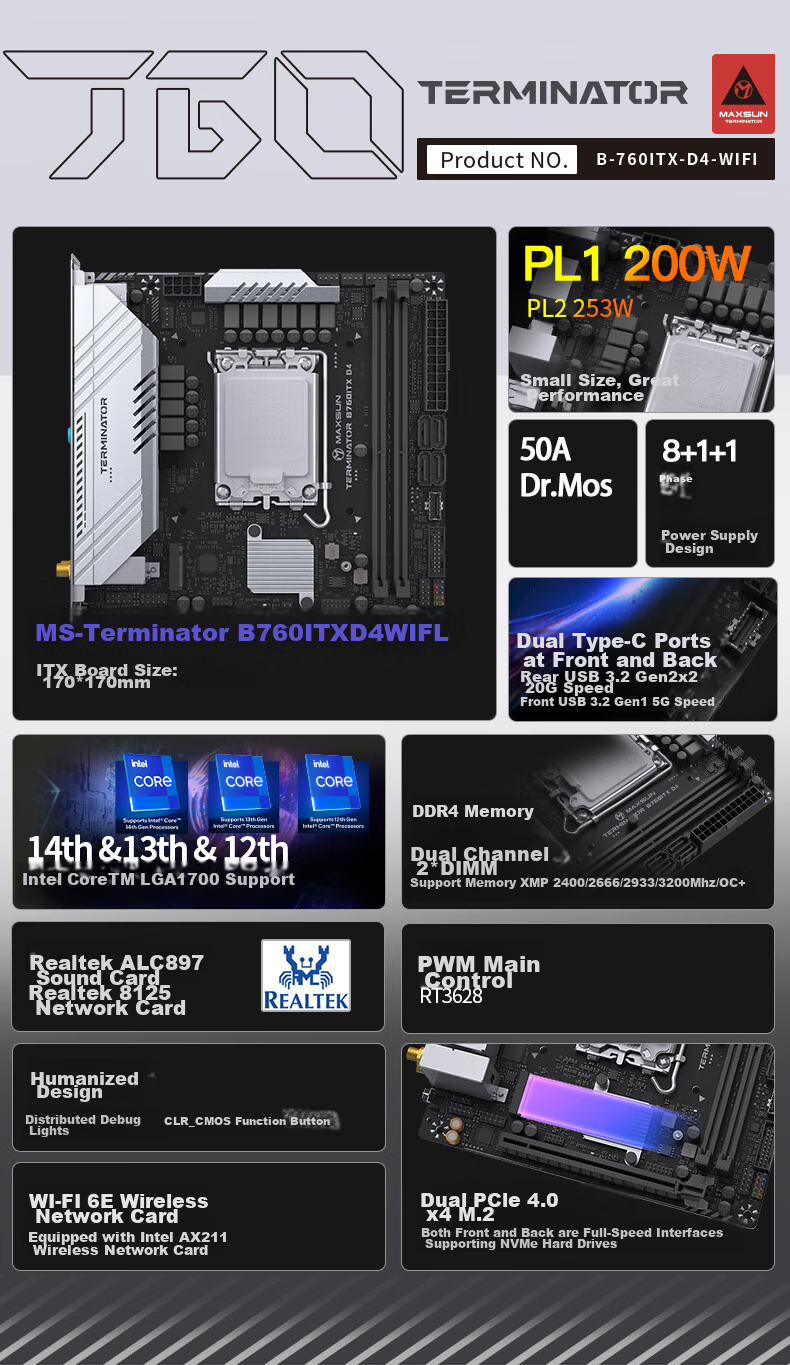 MAXSUN MS-Zhongjiezhe B760ITX D4 WIFI V3 Supports DDR4 CPU 12490F/13400F/12600KF (Intel B760/LGA 1700) 2