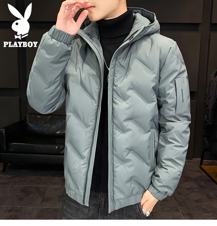 PLAYBOY Men's Autumn Winter Hooded Lightweight Warm Down Jacket Workwear Black 2XL 8