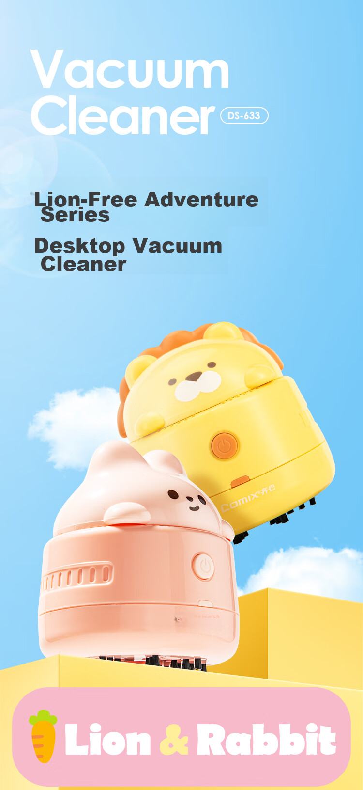 COMIX Powerful Suction Desktop Vacuum Cleaner Cartoon Rabbit Design, Keyboard Dust Removal Cleaning Assistant, Eraser Debris Desk Cleaner, Back-To Essential XS-66 Pink 1