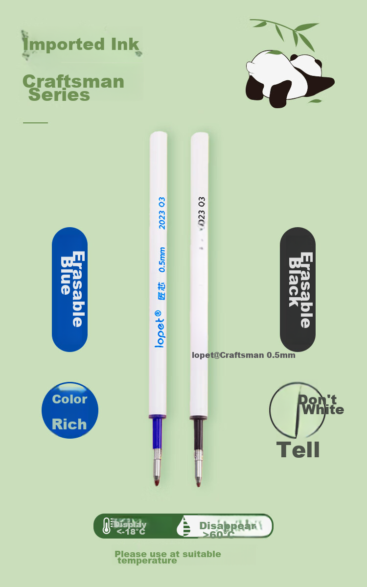 LOPET Blue Erasable Pen, Crystal Blue Erasable Gel Pen, Retractable Water-Based Pen, 0.5mm, for Third Grade Elementary School Students, Erasable Pen, Thermal Signature Pen, 4 Pens, LT-1607 Panda Huahua 12