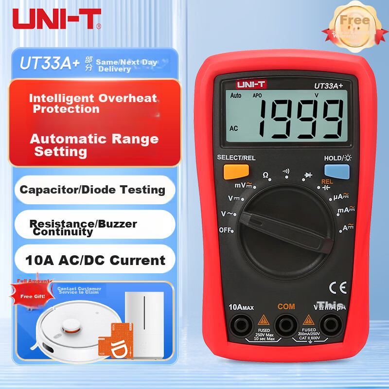 UNI-T UT33A+ Pocket Digital Multimeter, High-Precision Burn-Proof Multimeter, Electrician's Meter, Multi-Purpose Meter for Home Use