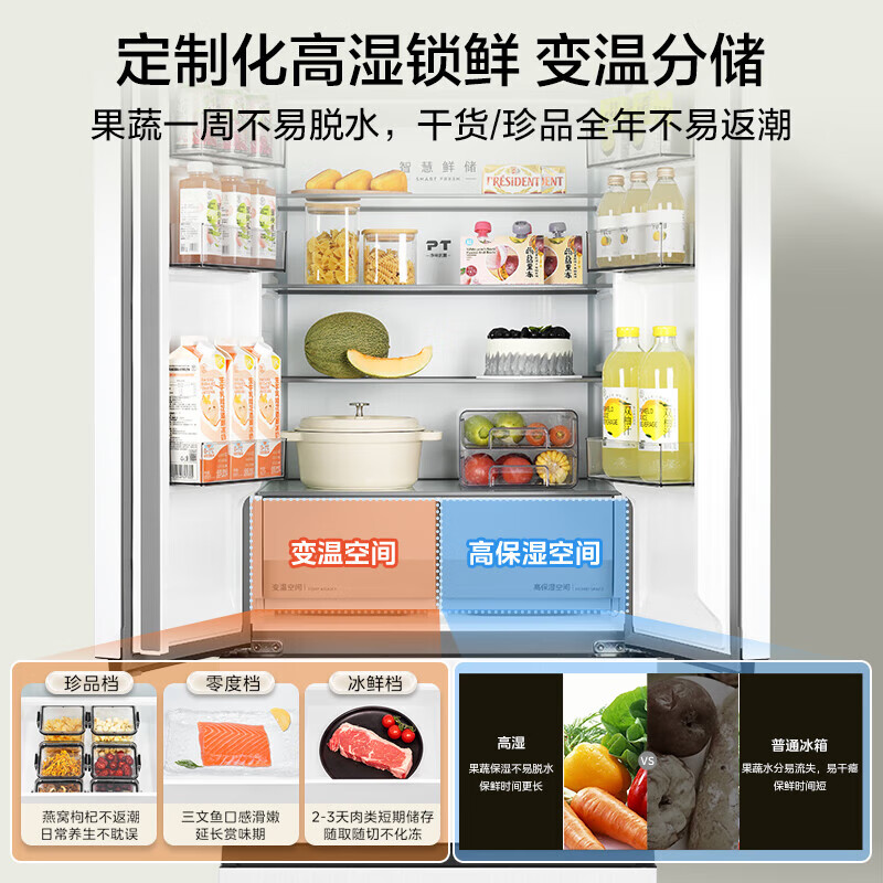 美的M60系列468法式多门超薄纯平嵌入小户型大容量60cm底部散热双循环变频净味一级能效变频白色冰箱 MR-468WUFPZE 流苏白