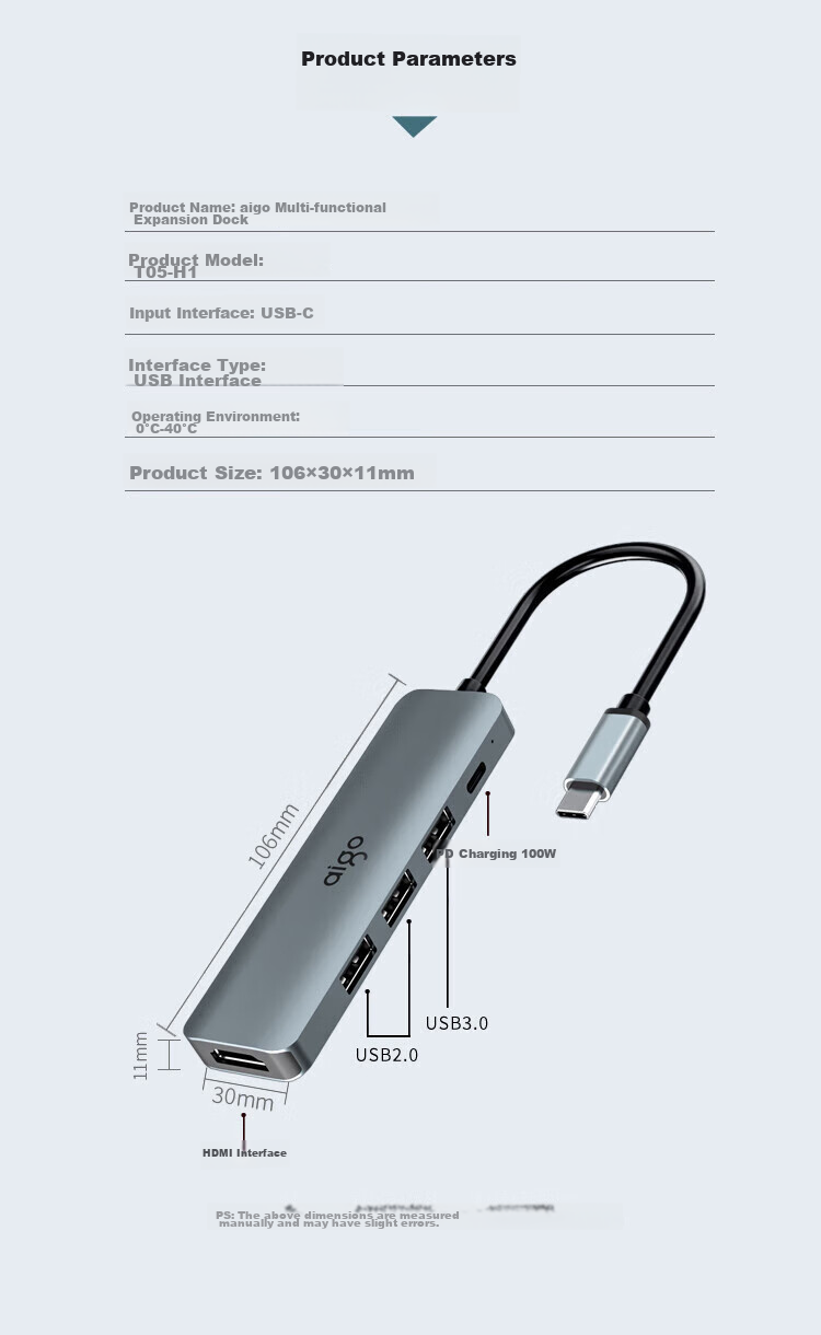 Aigo Type-C Expansion Dock, USB3.0 Hub, Gigabit Ethernet Port Adapter, HDMI/VGA Converter, SD/TF Card Reader, PD100W Power Supply Expansion Dock T11 (Metal) 12