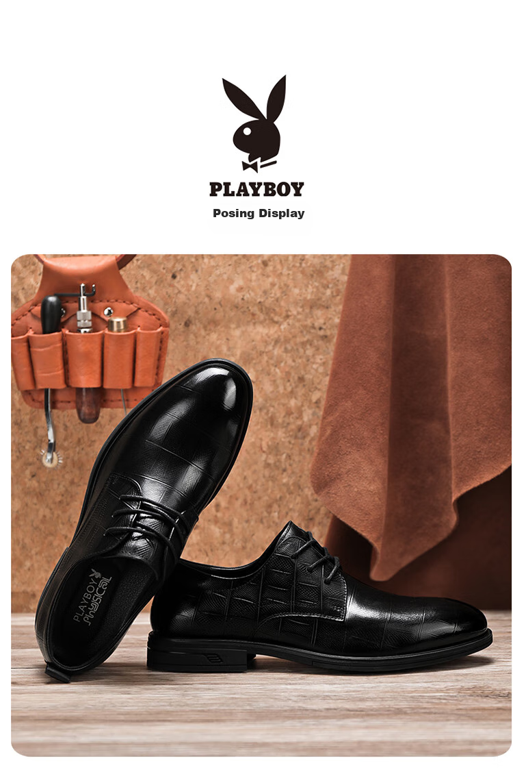 PLAYBOY Leather Shoes for Men, Spring/summer 2026 British Business Casual Shoes, Top-Grain Cowhide Formal Shoes, Black, Size 44 14