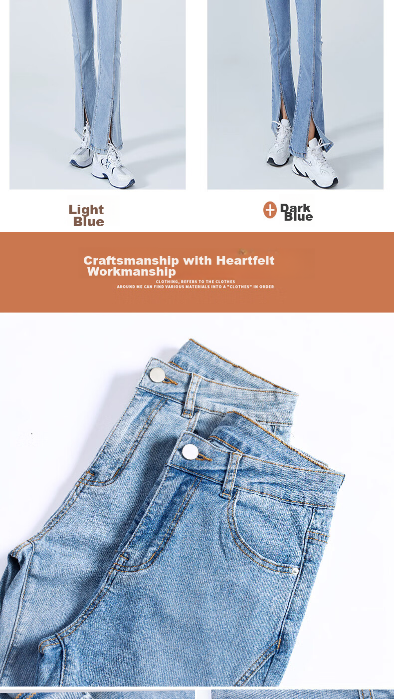 Langsha Micro Flare High-Waisted Slim-Fit Jeans for Women, Spring And Autumn Season, Butt-Lifting, Slimming, Side Slit, Flared Pants, Blue Casual Long Trousers 8