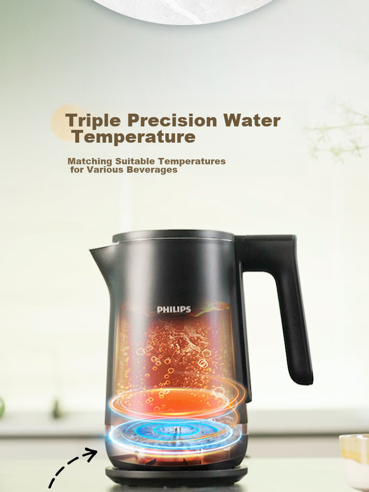PHILIPS Electric Kettle, Precise Temperature Control Water Boiler, Food-Grade 304 Stainless Steel, 1.7L Household High-Power Double-Layer Temperature Control, Anti-Scalding And Anti-Dry Burning Protection, HD9396 Gift 4