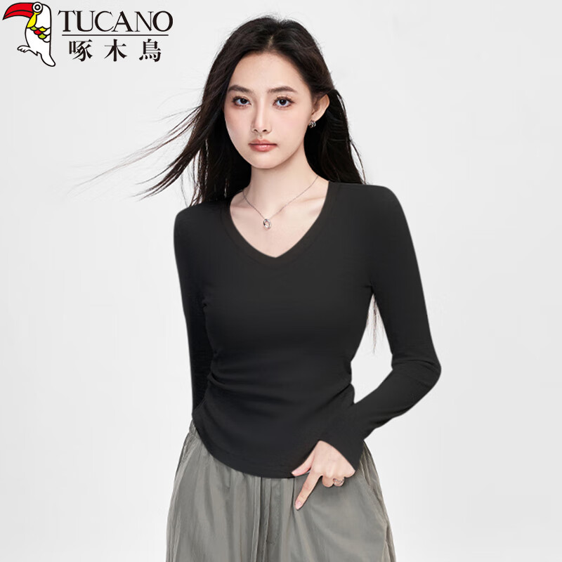 Woodpecker Women's Long Sleeve V-Neck Slim Fit Base Layer T-Shirt Black S