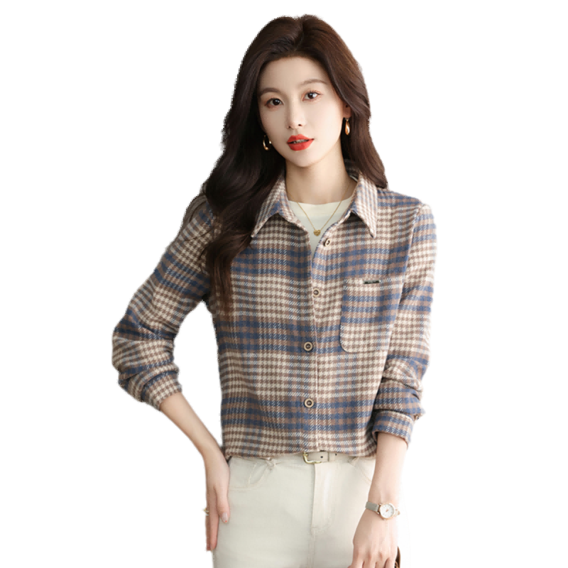 YUZHAOLIN Korean-Style Fashionable Simple Loose Brushed Shirt Versatile Jacket Lapel Plaid Top Women's Blouse Y143C2002