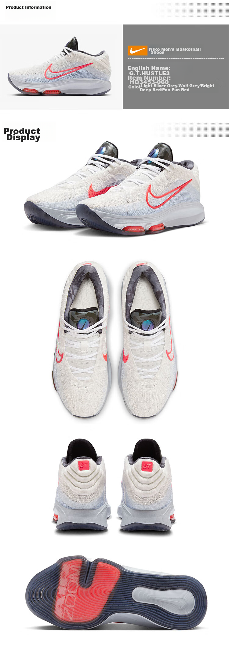 NIKE Men's Basketball Shoes G.T. HUSTLE 3 Shock-Absorbing Sneakers HQ3453-060 Light Silver Gray 40.5 1