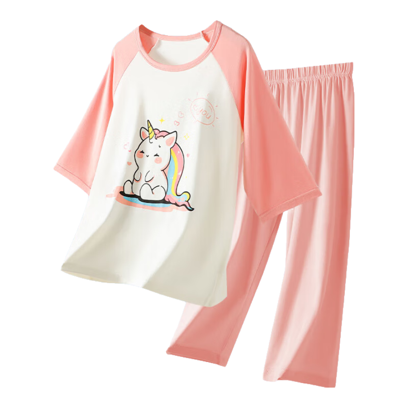 MiiOW Children's Pajama Set, Summer Thin Air Conditioning Wear, Girls' Home Wear for Older Kids, Rainbow Horse Pattern, Size 170
