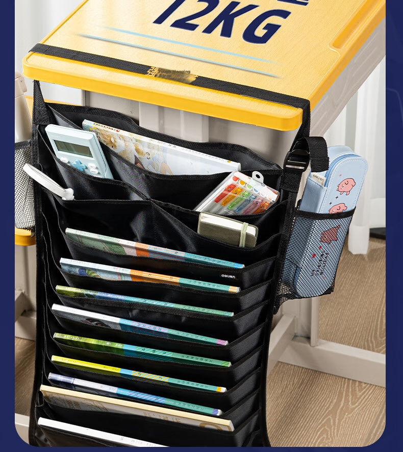 Deli 16-Grid Hanging Book Bag for Desk, Thirteen-Layer Upgraded Cross Storage Desk Hanging Bag, Student Book Storage Organizer, Thickened Version, Black School Supplies 12