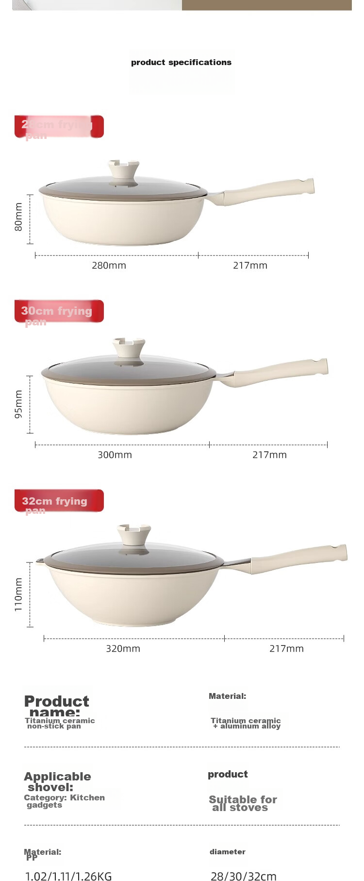 REDCHEF Titanium Ceramic Wok Non-Stick Pan for Home Cooking, Lightweight Titanium Pan 30cm Compatible with Induction And Gas Stoves 28