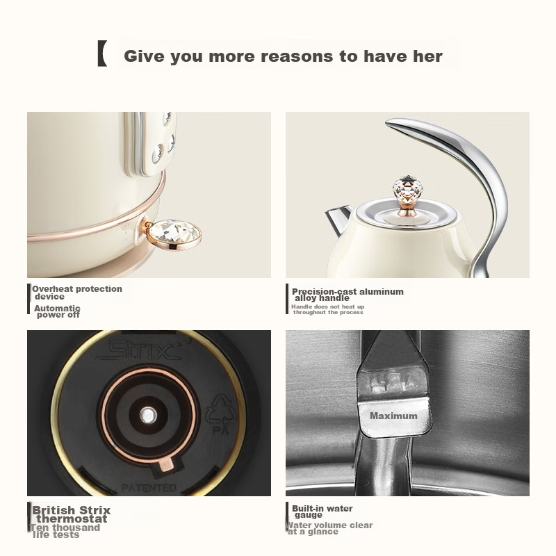 Buydeem Electric Kettle Portable Household Automatic All-In 304 Stainless Steel Auto Shut-Off Stylish Kettle K208 Champagne Yellow